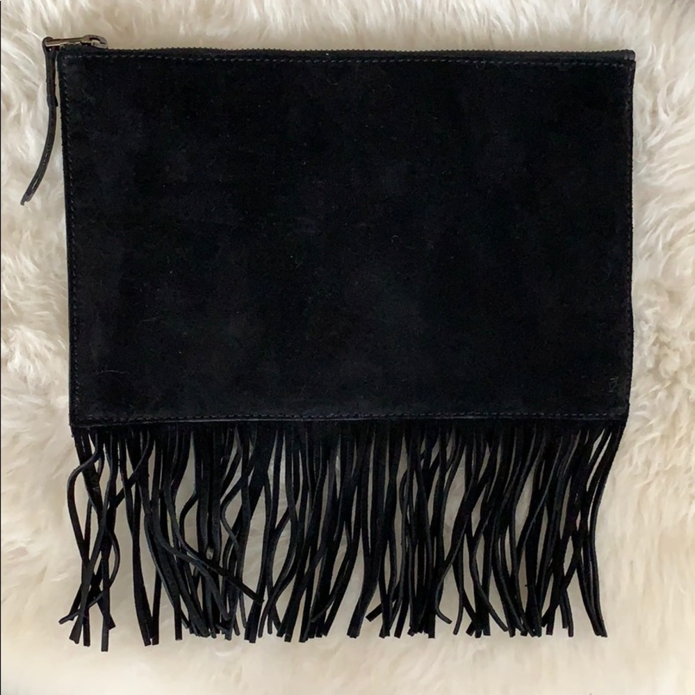 Suede fringed pouch clutch